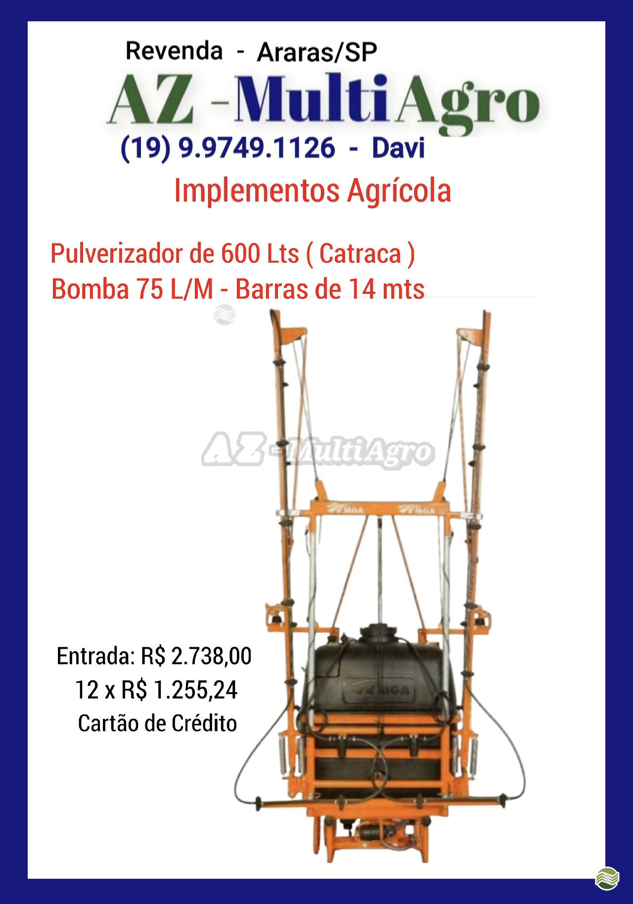 PULVERIZADOR MGA BH 14 Acoplado Hidráulico AZ Multiagro Tratores Impls. Peças e Pneus ARARAS SÃO PAULO SP